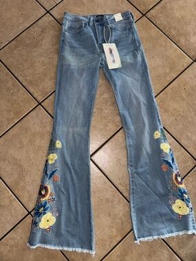 Light Denim Flare Jeans with Yellow Floral Embroidery
